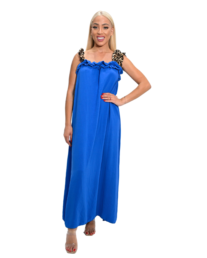 Royal Blue Elegance: Leopard Print Accented Maxi Dress